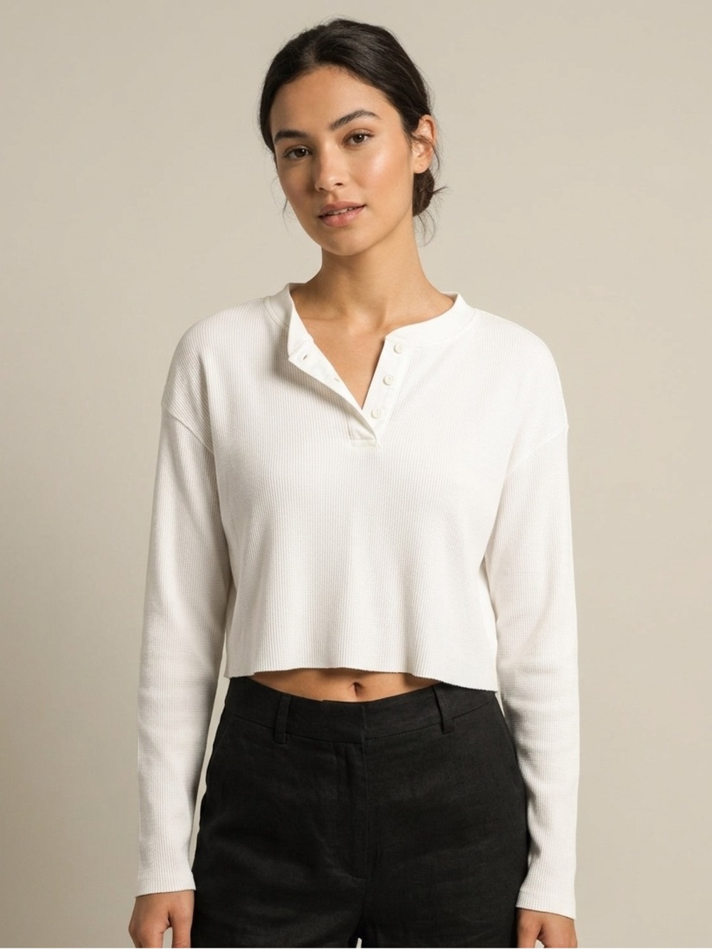 bp White Cropped Ribbed Henley Long-Sleeve Top
